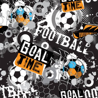 Erkekler, tekstil ve kıyafetler için soyut, dikişsiz futbol deseni. Grunge şehir arka planında eski püskü taşak silueti, mesaj var. Spor renkli duvar kağıdı.