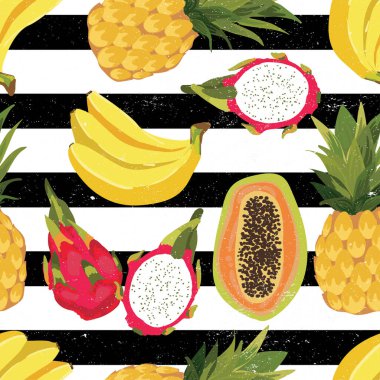 Soyut, egzotik meyveli tropikal desenler. vektör arkaplanı Duvar kağıtları, şablon dolguları, web sayfası arkaplanları, yüzey dokuları, tekstil için mükemmel