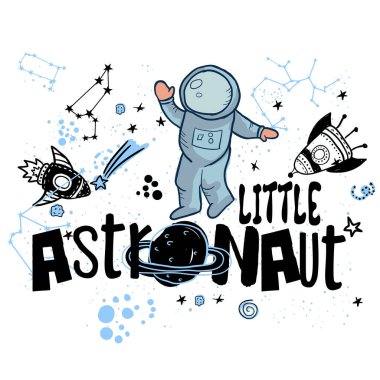 Tipografi uzay izi. Küçük astronot, uzay, vektör çizimi. Parmak izi, bebek kıyafetleri, gömlek, çocuk ya da ambalaj kağıdı için. Yaratıcı çocukların orijinal tasarımı