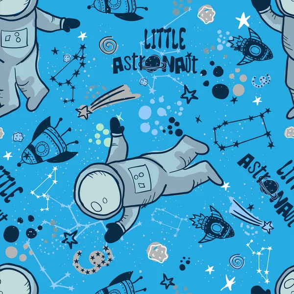 Space seamless pattern on a blue background. Ideal for kids wear, wrapping paper, textile, prints, etc.