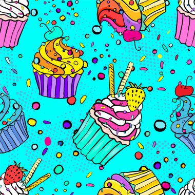 Elle çizilmiş keklerle kusursuz vektör deseni