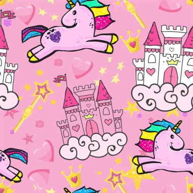 Tek boynuzlu at ve bulutlarla kusursuz bir desen.