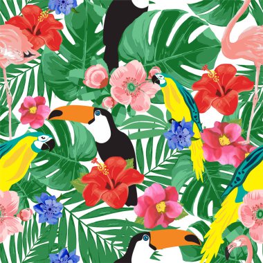 Beyaz arka planda egzotik tropikal kuşlarla kusursuz çiçek deseni