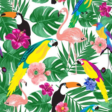 Egzotik kuşlar ve çiçeklerle tropikal, pürüzsüz desen