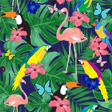 Tropikal egzotik bitkiler ve kuşlar. vektörsüz desen