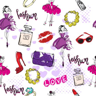 Elle çizilmiş moda aksesuarları olan kusursuz desenler. vektör illüstrasyonu