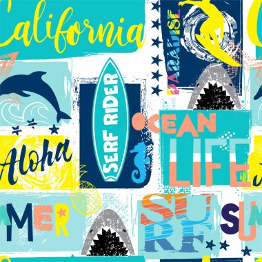 Sörfçü, köpekbalığı, yunus, parlak renkler, tekstil, parmak izi, erkek ve kız için kusursuz soyut yaz şablonu.