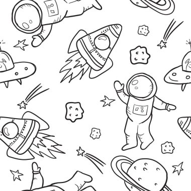 Çizgi film uzaylıları ve astronotlarla kusursuz bir düzen.