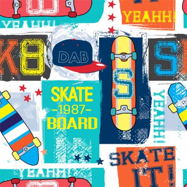Kaykay, sk8, snapback, parlak renkler, tekstil, parmak izi, erkek ve kız için kusursuz soyut yaz deseni.