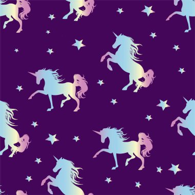 Tek boynuzlu at silueti kusursuz vektör deseni. Yıldızlı holografik sihirli tek boynuzlu at. Kızlar için model. Tekstil, baskı, kağıt ürünleri ve internet için yaratıcı bir geçmiş..