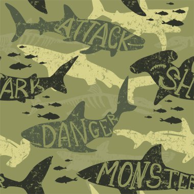 Kusursuz kamuflaj köpek balığı deseni, tişört, tekstil, ambalaj kağıdı, ağ baskısı. Köpek balığı siluetiyle orijinal tasarım. Erkekler ve kızlar için grunge tasarımı