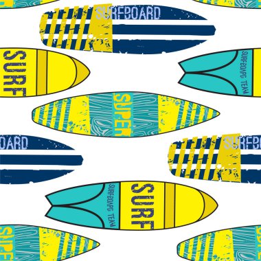 Parlak sörf masalarıyla kusursuz deniz sörfü deseni. Tekstil, parmak izi ve kız için yaz illüstrasyonu