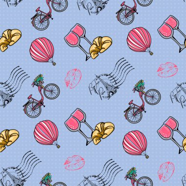 Elle çizilmiş bisiklet ve pullarla kusursuz desen. vektör illüstrasyonu