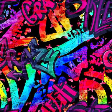 Soyut parlak grafiti deseni. Tuğlalar, boya damlaları, grafiti tarzında kelimeler. Tekstil, spor kıyafetleri, baskılar için grafik şehir tasarımı.