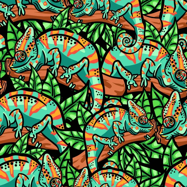 Hand drawn pattern with chameleons. Seamless jungle pattern. Pattern for creative t shirt, textile, favric, wrapping paper and more