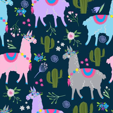Seamless pattern with a cute lammas and cacti. Pink Background for wrapping paper, rucksack, clothes, fabric, textiles, wallpaper, socks, web, cards. Vector animal illustration for kids. clipart