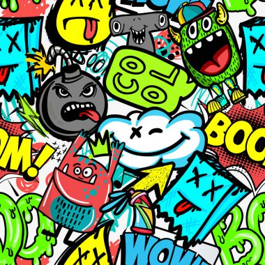 Erkekler için canavarlı el çizimi desen. Sloganlar, graffiti arka planı. Çocuk tekstil ürünleri, ambalaj kağıtları, baskılar için.