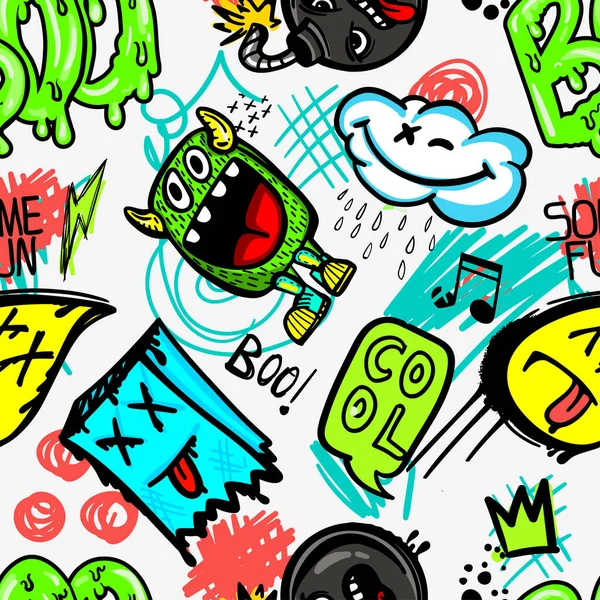 hand drawn pattern with monsters for boys. Slogans, graffiti background. For children's textiles, wrapping paper, prints