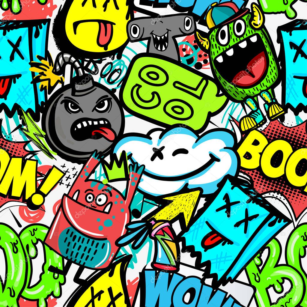 hand drawn pattern with monsters for boys. Slogans, graffiti background. For children's textiles, wrapping paper, prints