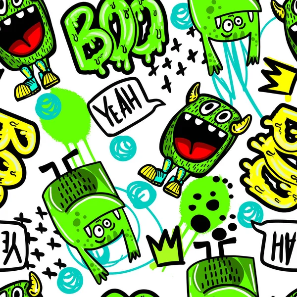 hand-drawn pattern with green monsters. Slogans, graffiti background. For children's textiles, wrapping paper, prints, stickers