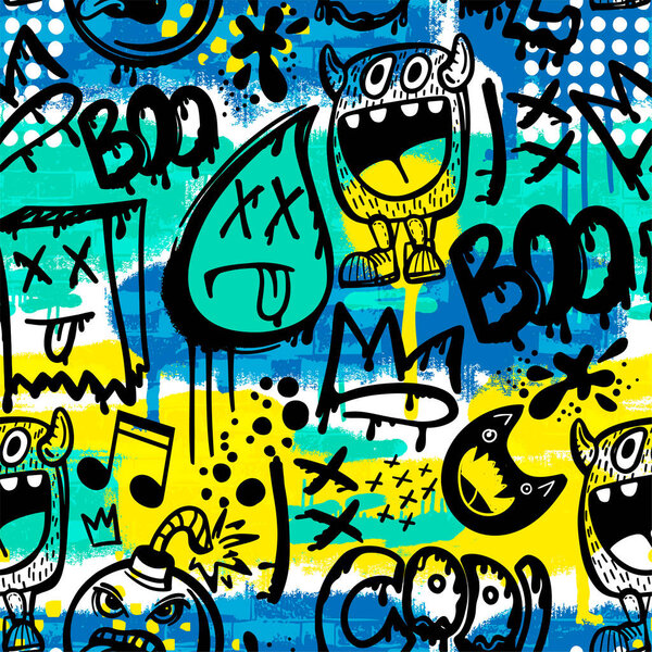   Ручной рисунок с монстрами для мальчиков. Лозунги, граффити фон. Для детского текстиля, оберточной бумаги, отпечатков
