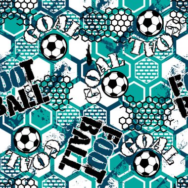 Erkekler, tekstil ve kıyafetler için soyut, dikişsiz futbol deseni. Grunge şehir arka planında eski püskü taşak silueti, mesaj var. Spor renkli duvar kağıdı