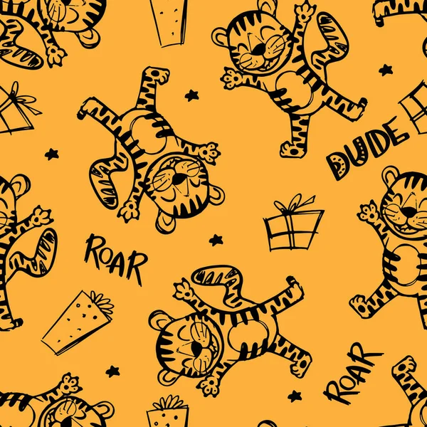 Padrão Sem Costura Com Mão Desenhada Tigres Desenhos Animados Com — Vetor de Stock