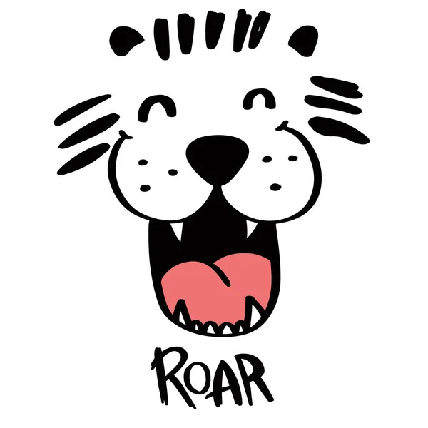 Hand Drawn Cartoon Tiger Face Text Roar Typography Kids Print — Stock Vector