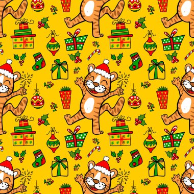 Şirin çizgi film kedileriyle Noel 'in kusursuz desenleri. vektör illüstrasyonu