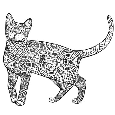 Sevimli kedili stres önleyici kitap sayfası, beyaz arka planda izole edilmiş yüksek detaylı stil illüstrasyonu. monokrom çizim çizimi sanatı 