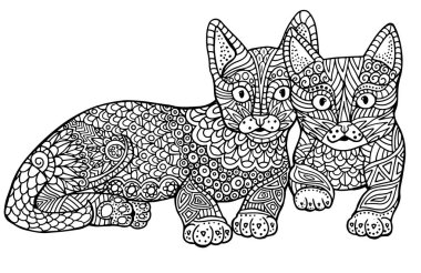 Güzel kedileri olan stres önleyici kitap sayfası, beyaz arka planda izole edilmiş yüksek detaylı stil illüstrasyonu. monokrom çizim çizimi sanatı 