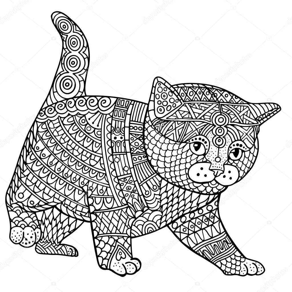 Vector anti stress coloring book page with cute cat, style illustration with high details isolated on white background. monochrome sketch line art 