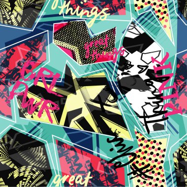 Kentsel geometrik elementlerle soyut, dikişsiz kaotik şablon aşınmış, damlalar, spreyler, üçgenler. Grunge neon doku arka planı. Erkekler ve kızlar için duvar kağıdı