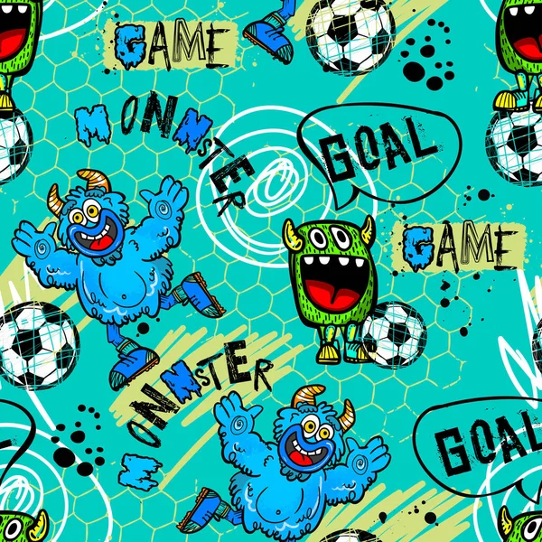 타이포그래피 어린이 그래픽 아이들을 배경에는 괴물들 추상적으로 배경에서 축구를 — 스톡 벡터