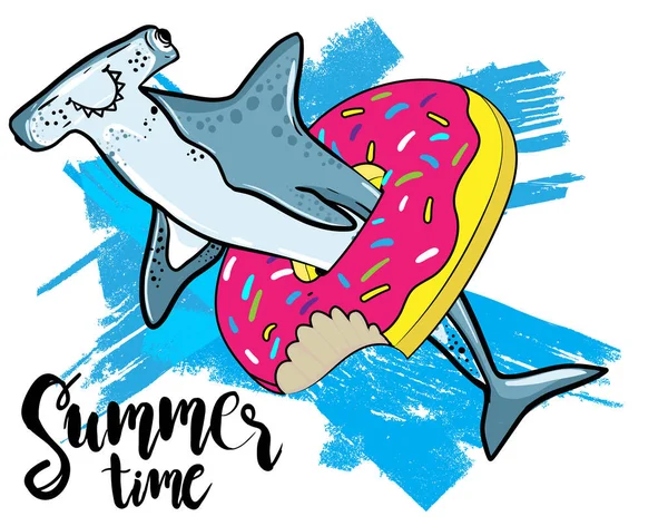 Impresión Tipográfica Con Fondo Tiburón Verano Dibujado Mano Para Niños — Vector de stock