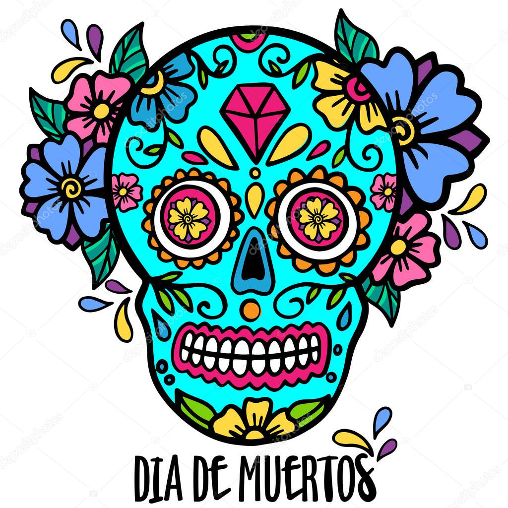  Typography Mexican sugar skull print with floral ornament, Day of the death vector Illustration.