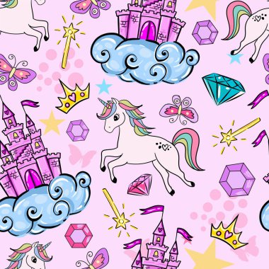 Kaleli pembe arka plan, kelebekler ve prenses vektör çizimleri. 