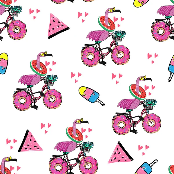 Flamingos Rosa Andando Bicicleta Com Donuts Vez Rodas — Vetor de Stock