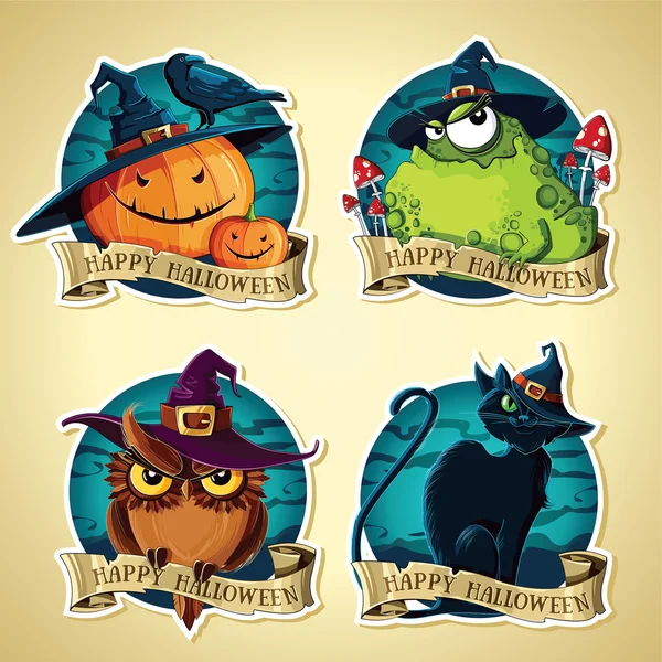 Set Halloween vintage vector etiketten met pompoenen, zwarte kat, toad en uil — Stockvector