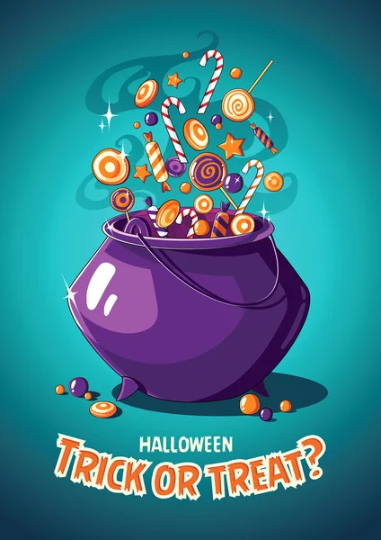 ハロウィーン ビンテージ ベクトルのポスター。お菓子をくれないといたずらするよ。魔法の鍋とお菓子 — ストックベクタ