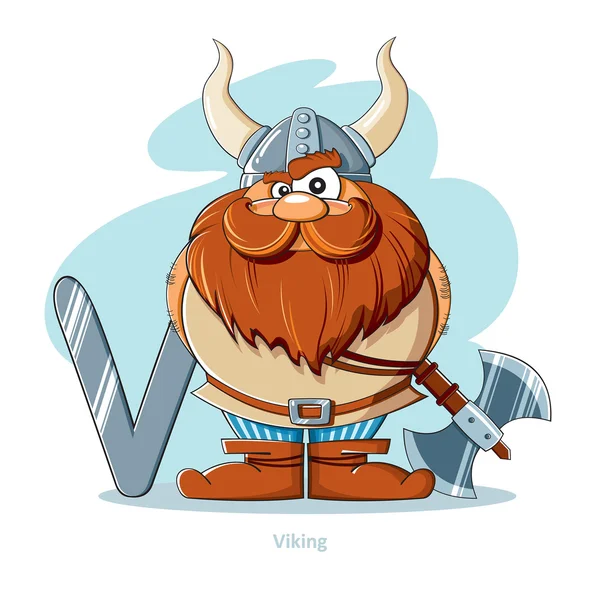 Alfabeto dos desenhos animados - Carta V com Viking engraçado — Vetor de Stock