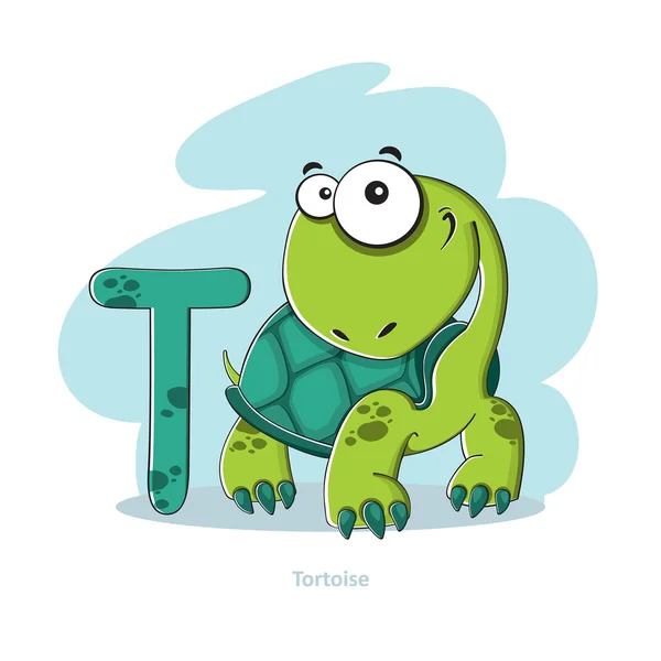 Alfabeto de dibujos animados - Letra T con tortuga divertida — Vector de stock