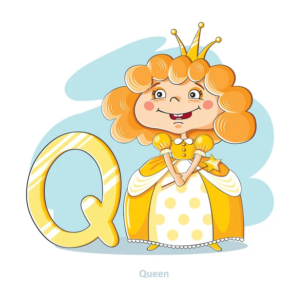 Cartoons Alphabet - Letter Q with funny Queen — Stock Vector