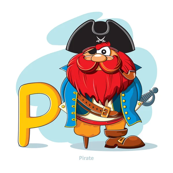 Мультфильмы Алфавит - буква P со смешным пиратом — стоковый вектор