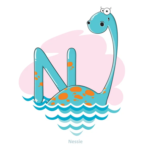 Alfabeto dos desenhos animados - Carta N com engraçado Nessie — Vetor de Stock