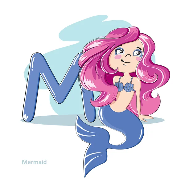 Cartoons Alphabet - Letter M with funny Mermaid — Stock Vector