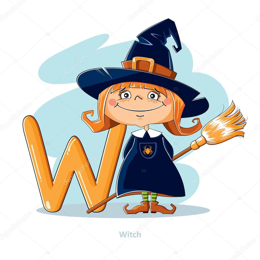 Cartoons Alphabet - Letter W with funny Witch