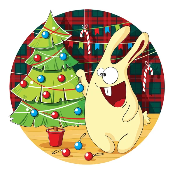 Bunny karikatura zdobí vánoční strom — Stockový vektor