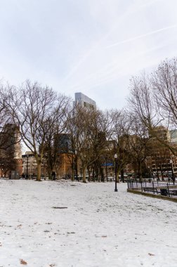 Kış boyunca arka planda kar, ağaçlar ve binalarla Boston Halk Bahçesi 'nde gün batımı