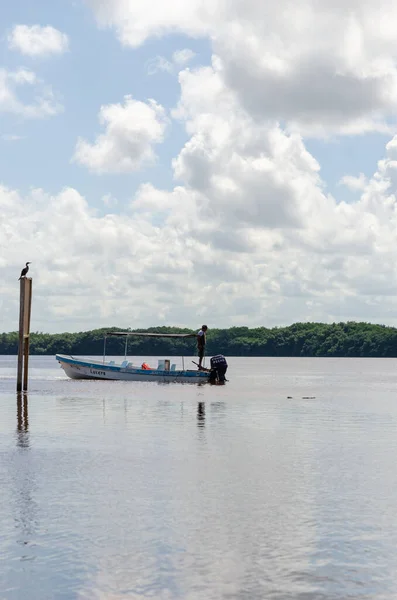Yucatan Mexiko November 2019 Fischer Einem Kleinen Boot Schwimmt Auf Stockbild